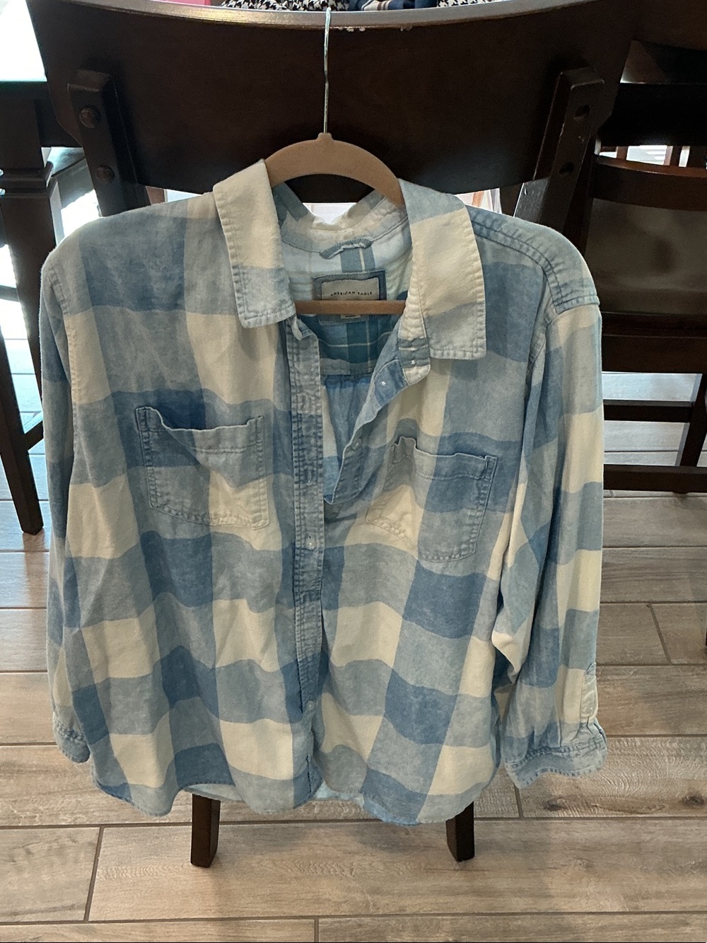 American Eagle Outfitters Light Blue and White Plaid Button-Down Shirt